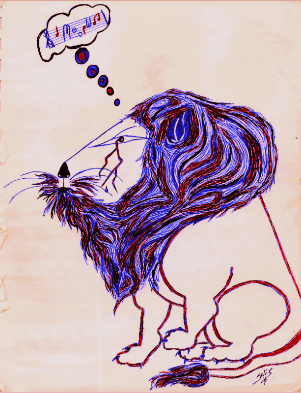 drawing of lion with a colourful mane and a thought bubble containing a musical stave and the sung word MEOW