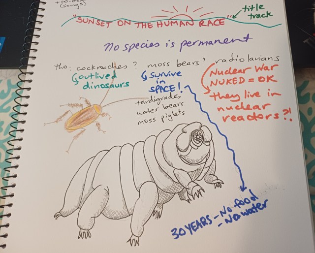 page of a notebook showing writing and drawings. the drawings are of a life-size cockroach and an enlarged tardigrade or moss piglet. the notes relate to the poem and include its title