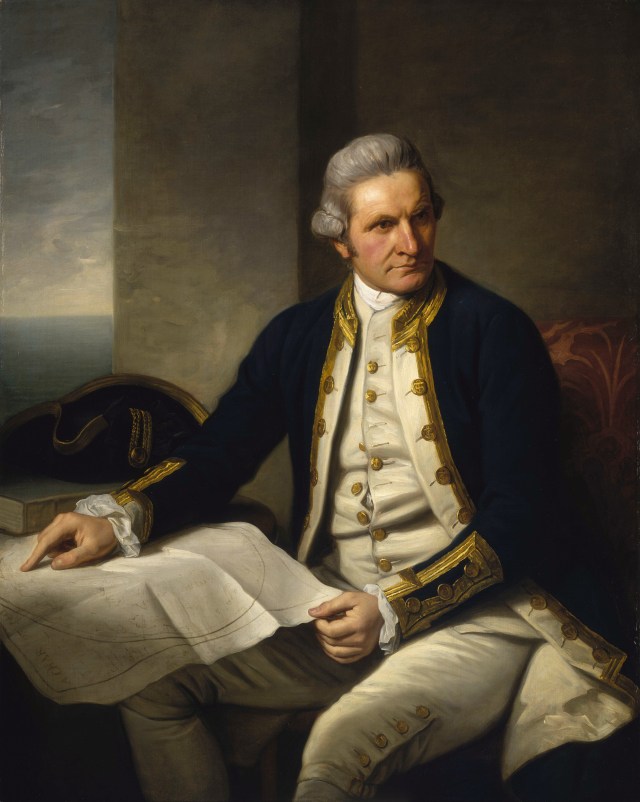 portrait painting of Captain James Cook dressed formally and with a map spread out in front of him, but he's looking away from it