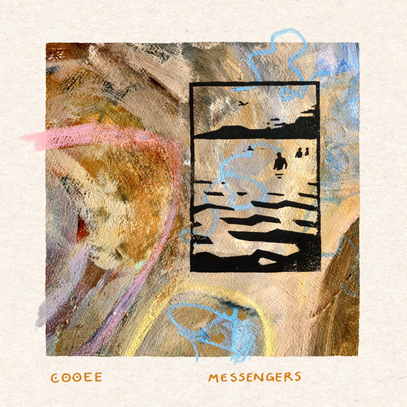 album cover with text "cooee" and "messengers" and with an abstract pastel watercolour image as the background with a black and white woodcut print superimposed on top