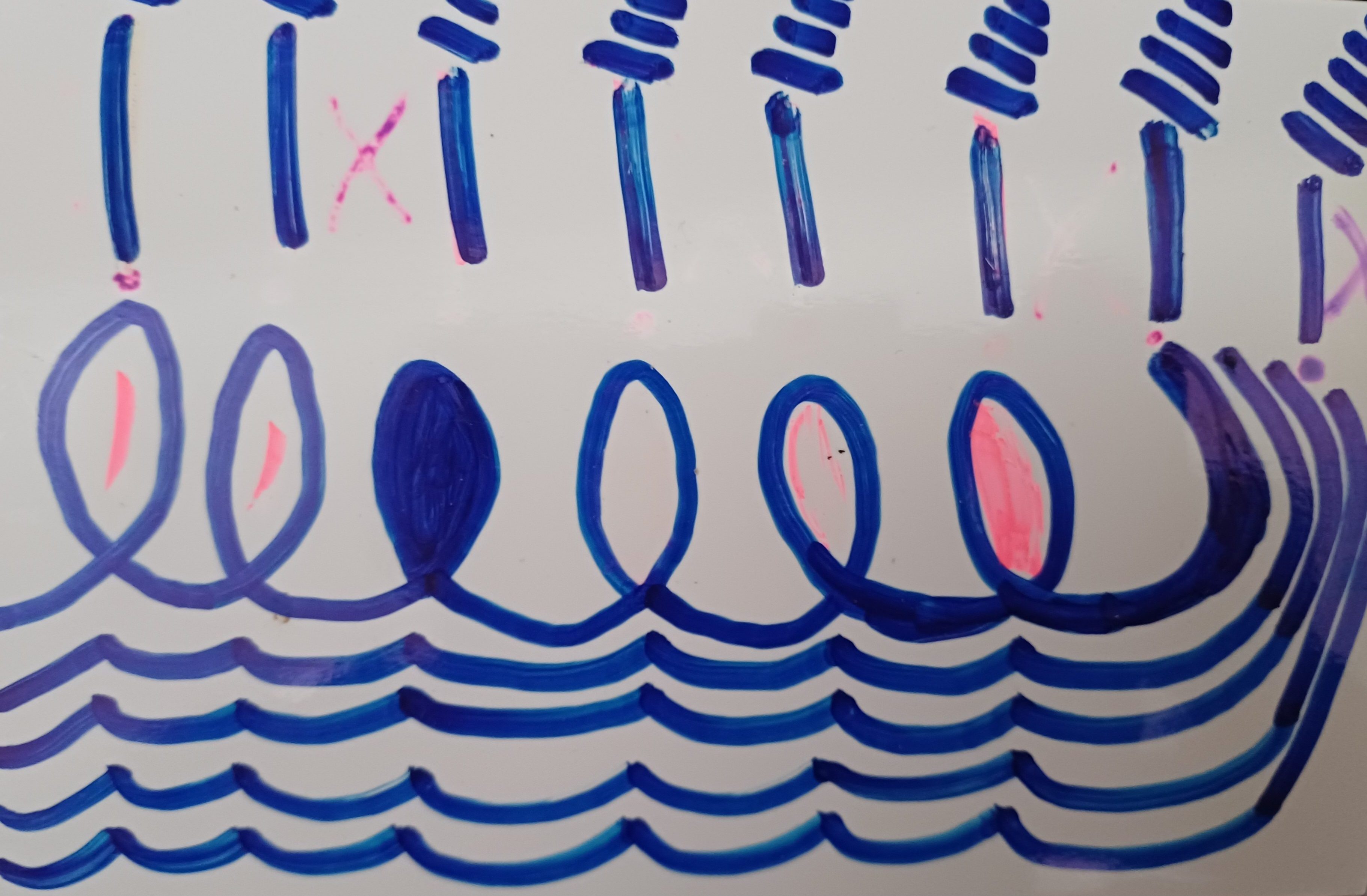 squiggles in blue and pink, with loops, lines and waves in a pattern