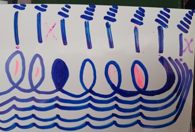 squiggles in blue and pink, with loops, lines and waves in a pattern