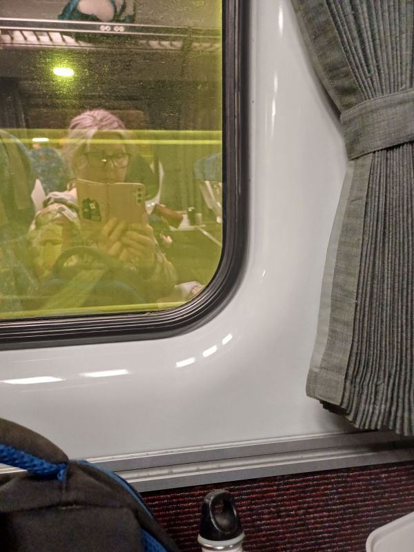 selfie taken in train window reflection, person with pink hair looks tired. Their phone is also pink.